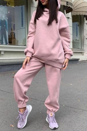 Solid Color Hooded Sweatshirt Casual Two Piece Set