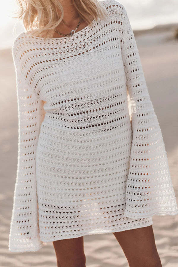 Sunset Love Knit Open Back Tie-up Flare Sleeve Cover Up Mini Dress - Image 3