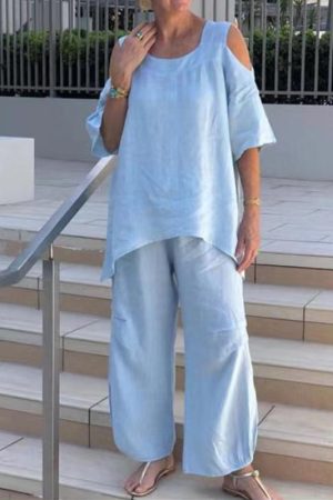 Solid Color Fashionable Round Neck Pullover Short Sleeve Pants Suit