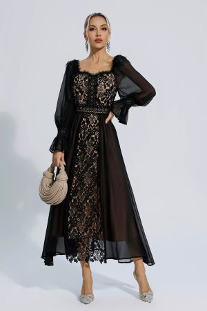 Aliana Floral Hollow Long Sleeve Dress