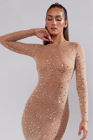 Halle Maxi Slit Bodycon Dress In Almond