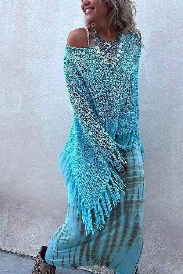 Sunset Breeze Hollow Out Tassel Knit Cover-up Top - Image 2