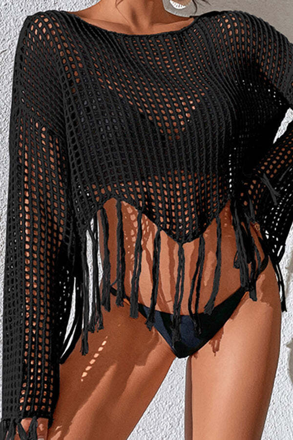 Round Neck Cutout Knitted Long Sleeved Fringed Cover Up - Image 12