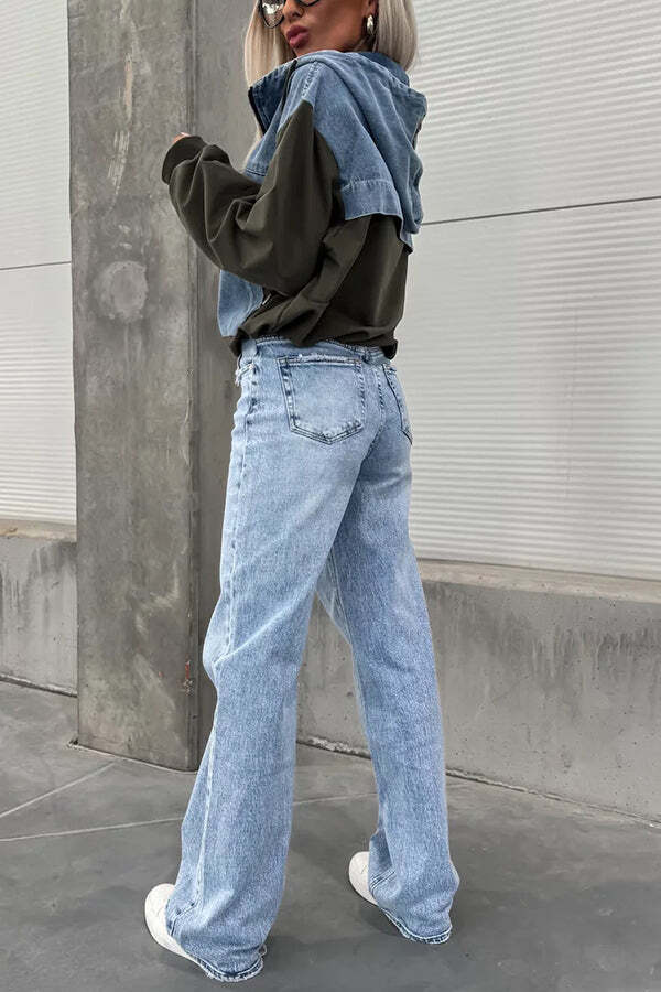 All The Time Denim Patchwork Soft Fabric Kangaroo Pocket Loose Hoodie - Image 13