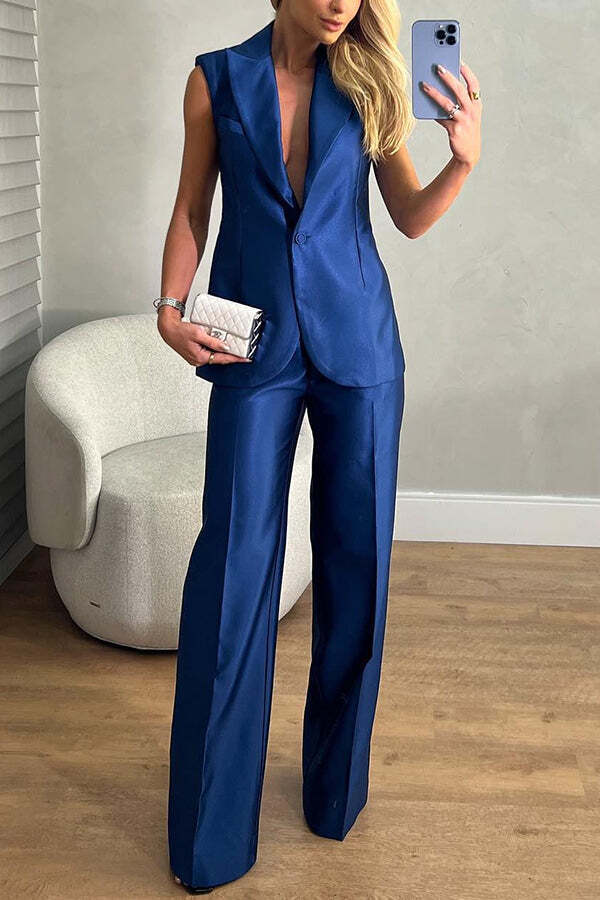 Luxurious Styling Satin Backless Straps Lapel Blazer Vest and Straight Pants Set - Image 3
