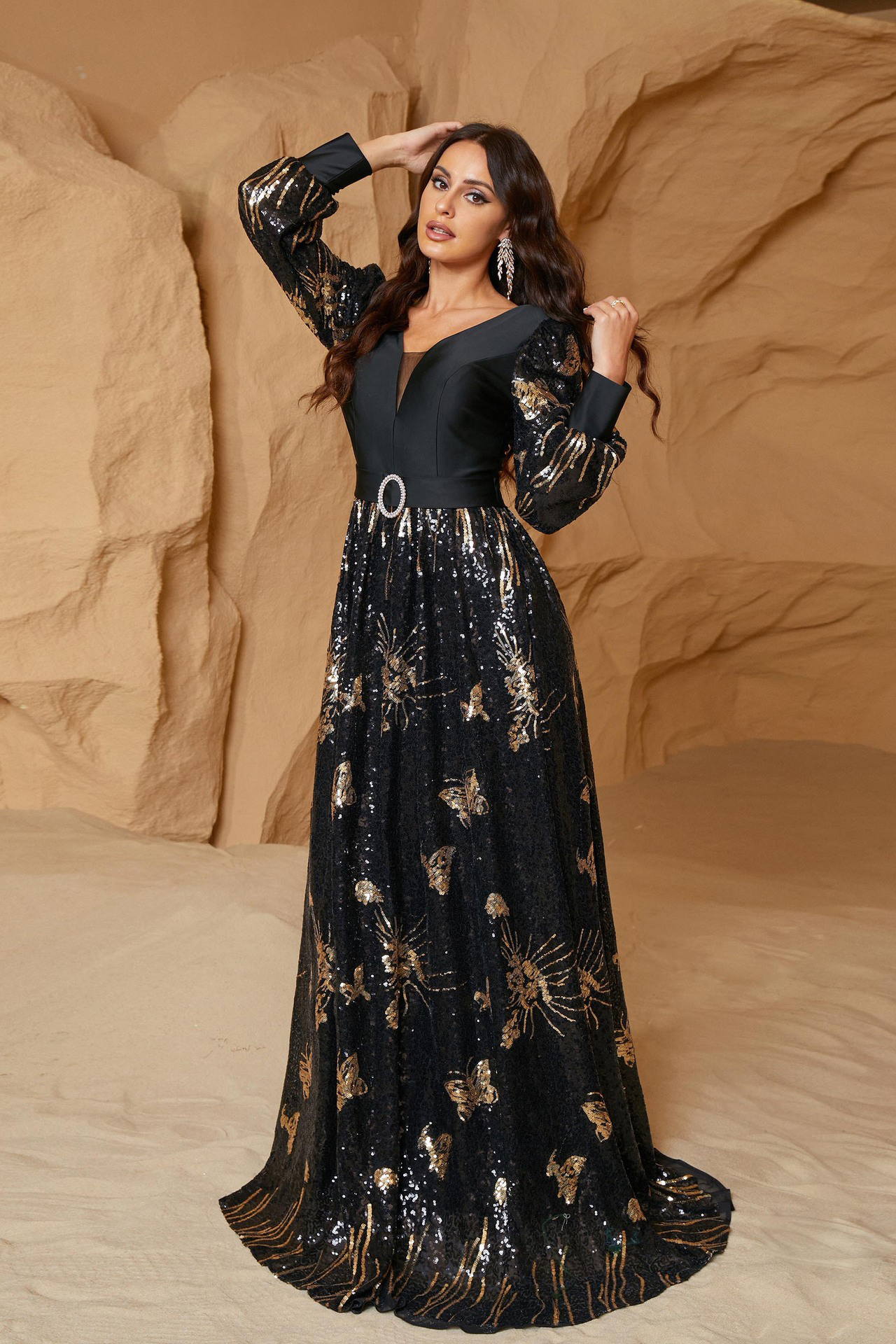 Eden Long Sleeve Sequined Dress In Black - Image 4