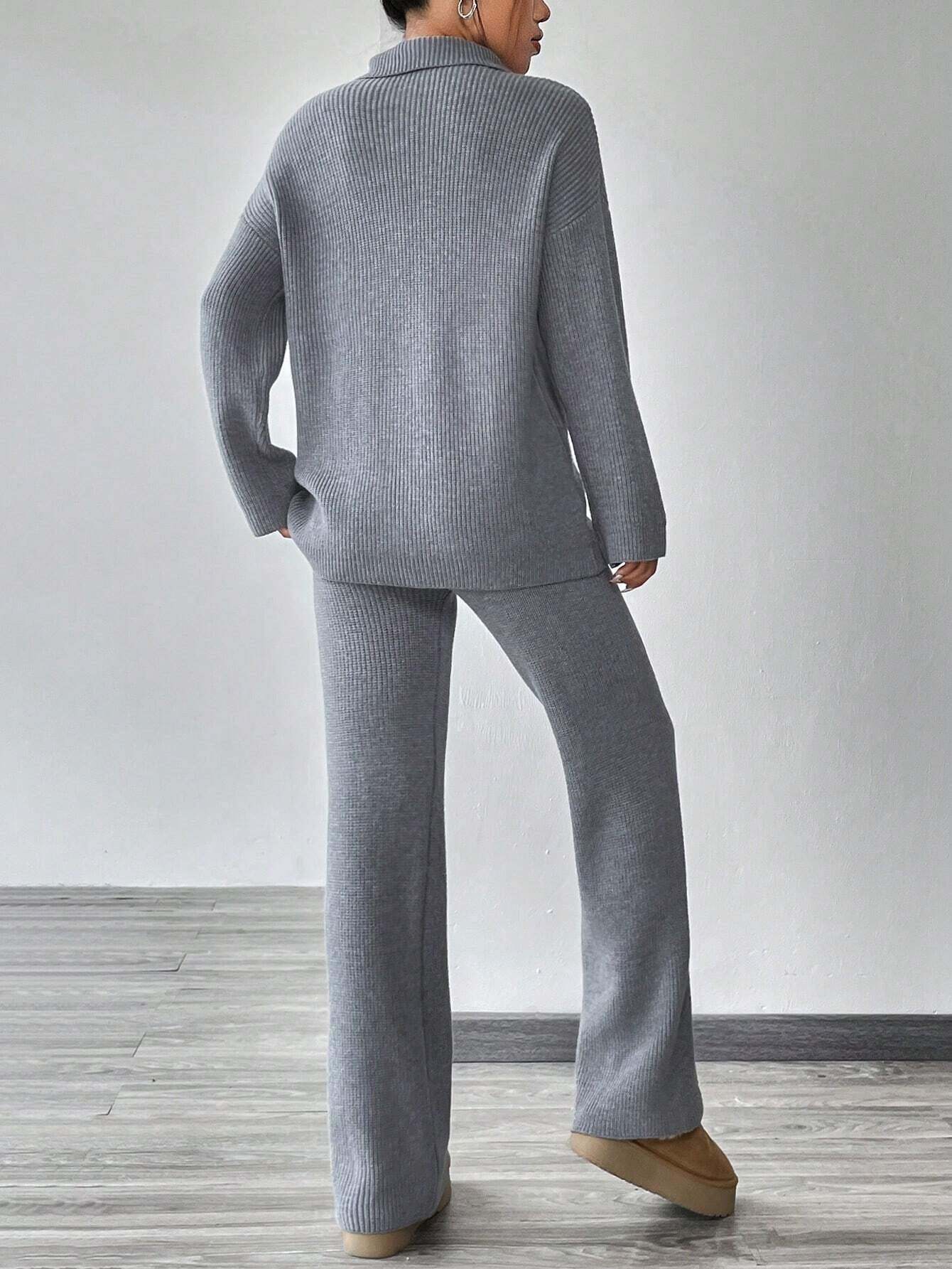 Knitted Sweater With Zipper And Knitted Pants Set With Dropped Shoulders - Image 2