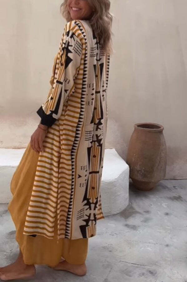 Retro Geometric Ethnic Print Open Front Slit Duster Kimono - Image 4