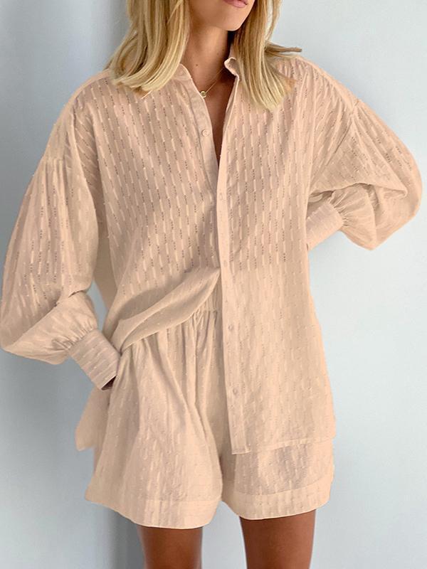 Jacquard Puff Sleeve Top Shorts Commuting Casual Suit - Image 8