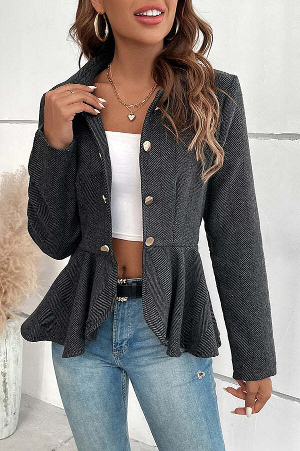 Devon Tweed Lapel Double-breasted Ruffle Hem Slim Blazer - Image 7