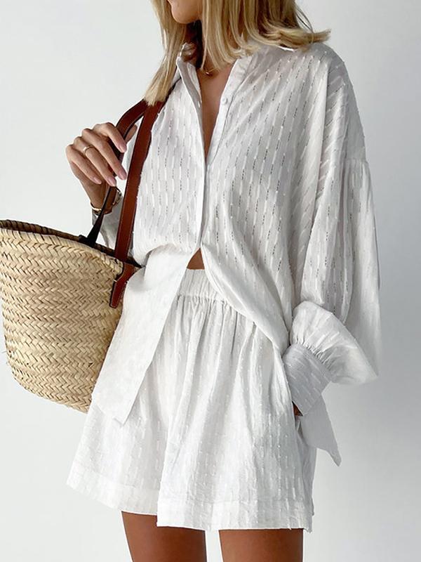 Jacquard Puff Sleeve Top Shorts Commuting Casual Suit - Image 3