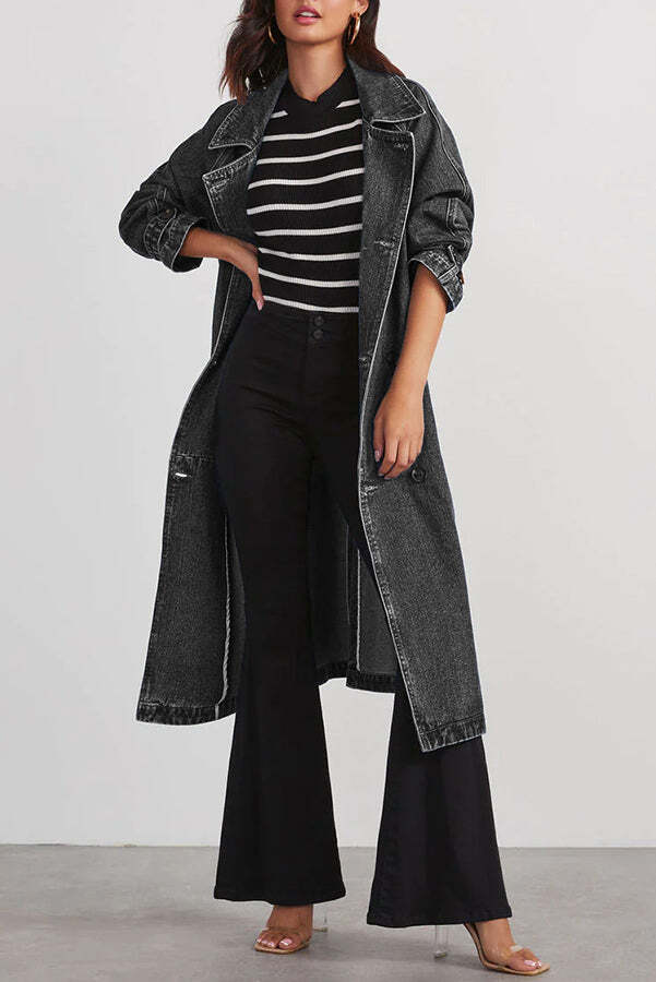 Solid Color Denim Double Pocket Button Down Midi Trench Coat - Image 10
