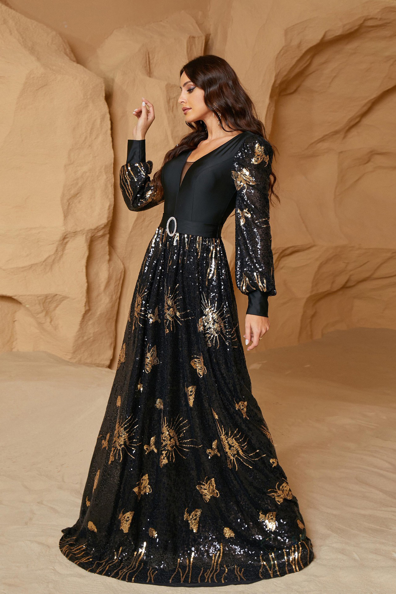 Eden Long Sleeve Sequined Dress In Black - Image 6