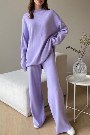 Knitted turtleneck loose top + pants two-piece set