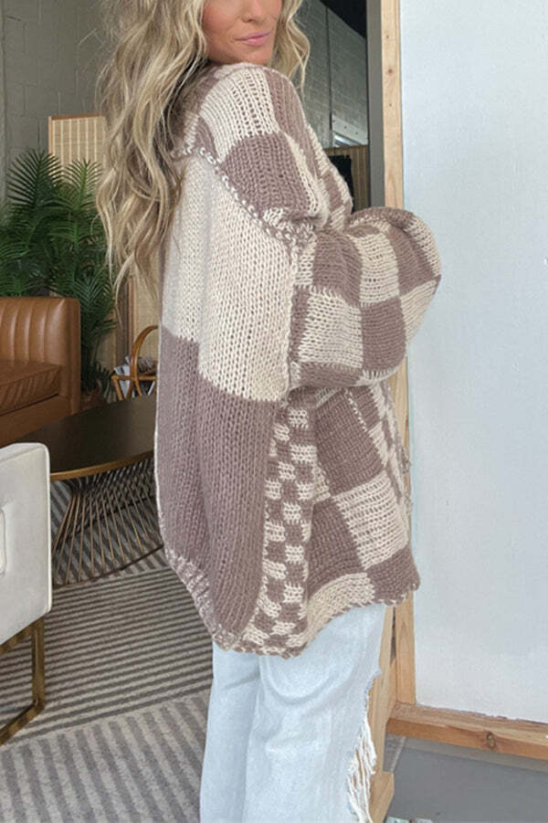 Casual Plaid Mid-length Loose Knitted Outerwear - Image 16
