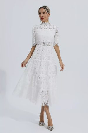Isla White Hollow Half Sleeve Midi Dress