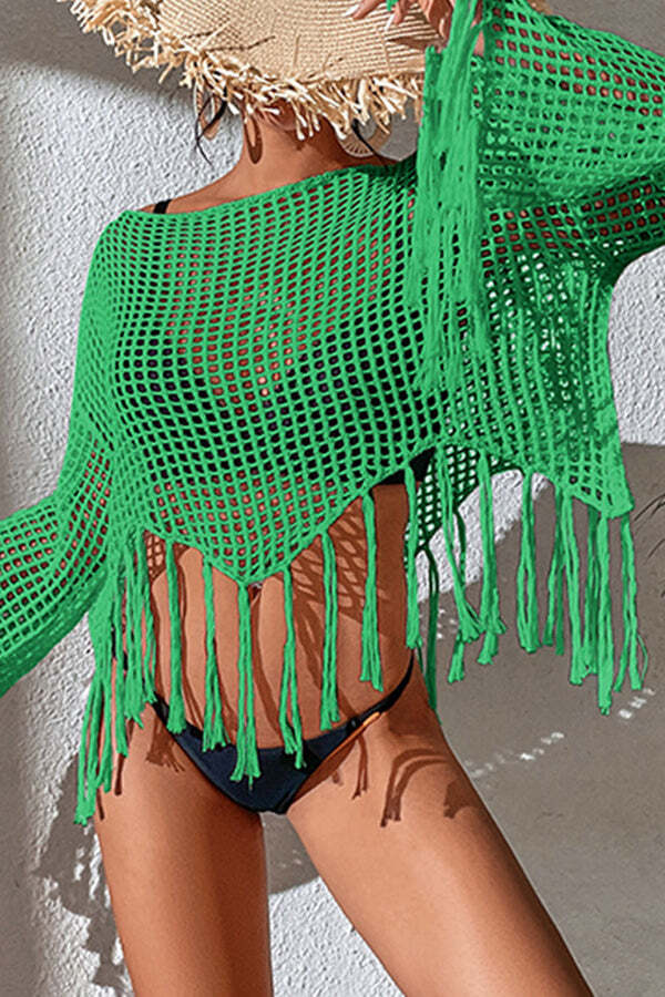 Round Neck Cutout Knitted Long Sleeved Fringed Cover Up - Image 2