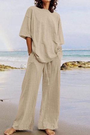 Casual Half-sleeved Top and Wide-leg Pants Set