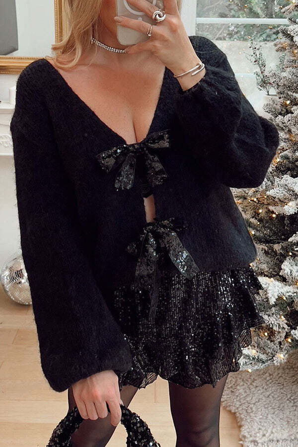Misty Starlight Tie Front Sequin Bow Loose Sweater - Image 7