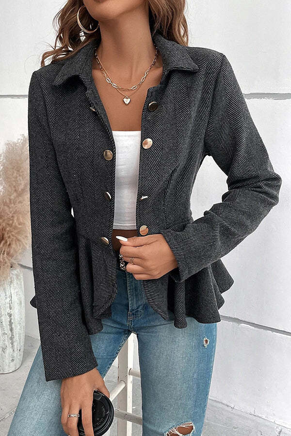 Devon Tweed Lapel Double-breasted Ruffle Hem Slim Blazer - Image 8