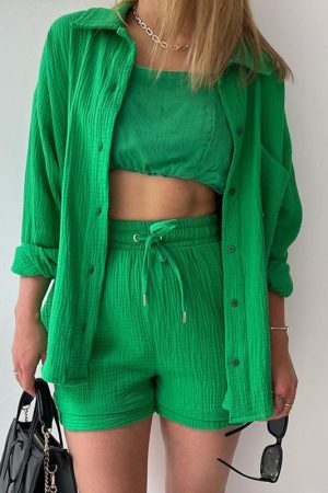 Wrinkled Lapel Long-sleeved Shirt High-waisted Drawstring Shorts Plus Size Suit