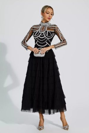 Nicolette Midi Evening Dress In Black