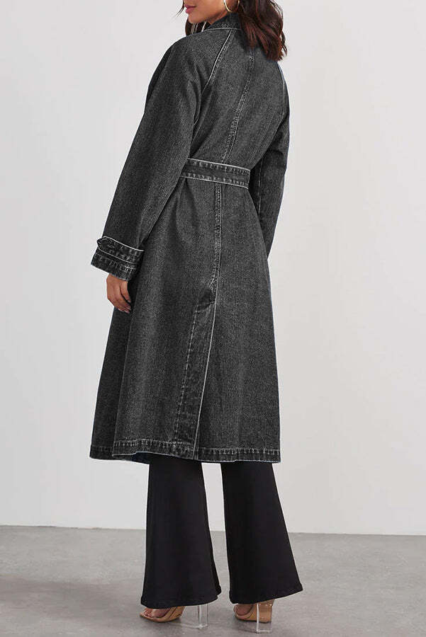 Solid Color Denim Double Pocket Button Down Midi Trench Coat - Image 9