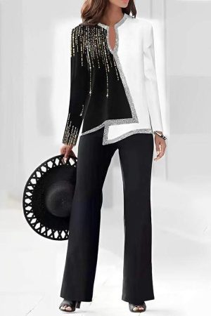 3D digital print women's V-neck asymmetrical fashion casual shirt pantsuit