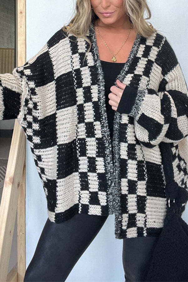 Casual Plaid Mid-length Loose Knitted Outerwear - Image 3