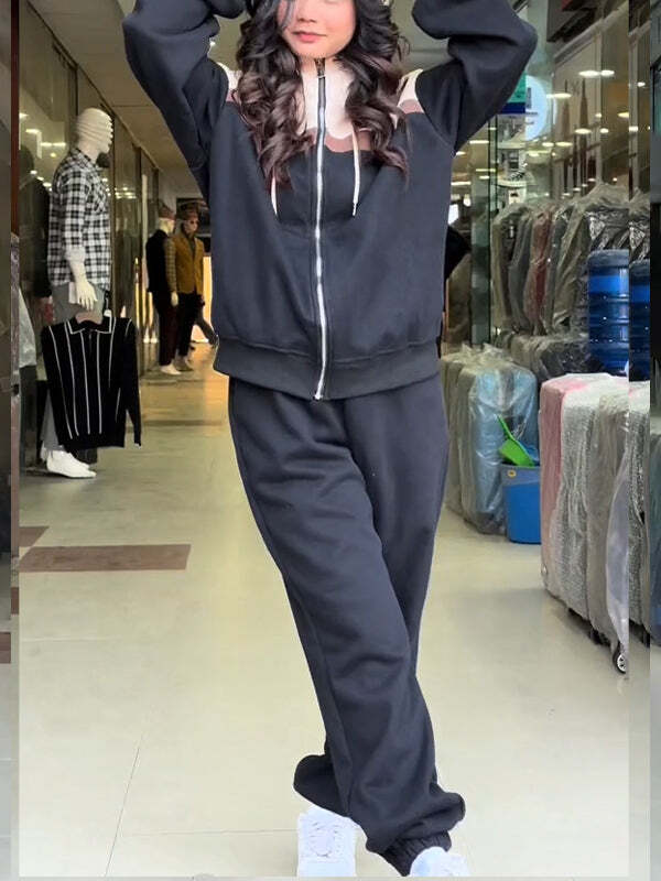 Casual Hooded Contrast Sweatshirt Suit - Image 4