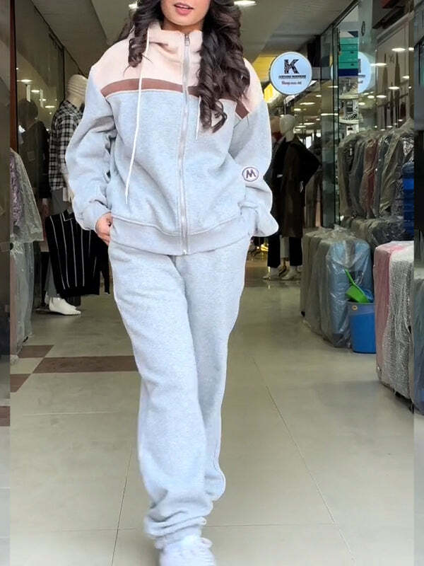 Casual Hooded Contrast Sweatshirt Suit - Image 2