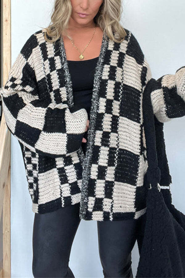 Casual Plaid Mid-length Loose Knitted Outerwear - Image 6