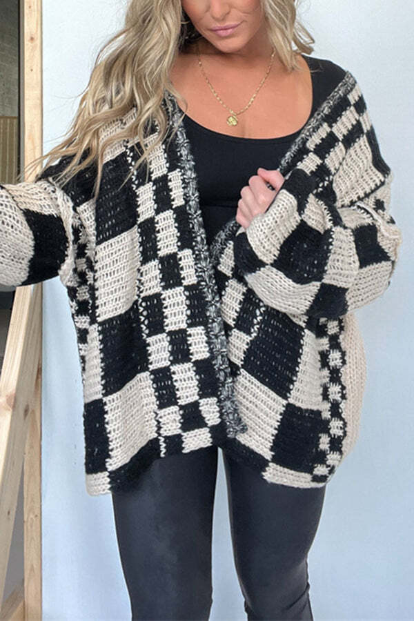 Casual Plaid Mid-length Loose Knitted Outerwear - Image 4