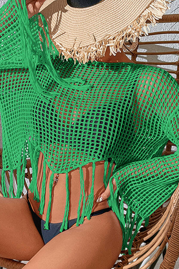 Round Neck Cutout Knitted Long Sleeved Fringed Cover Up - Image 10