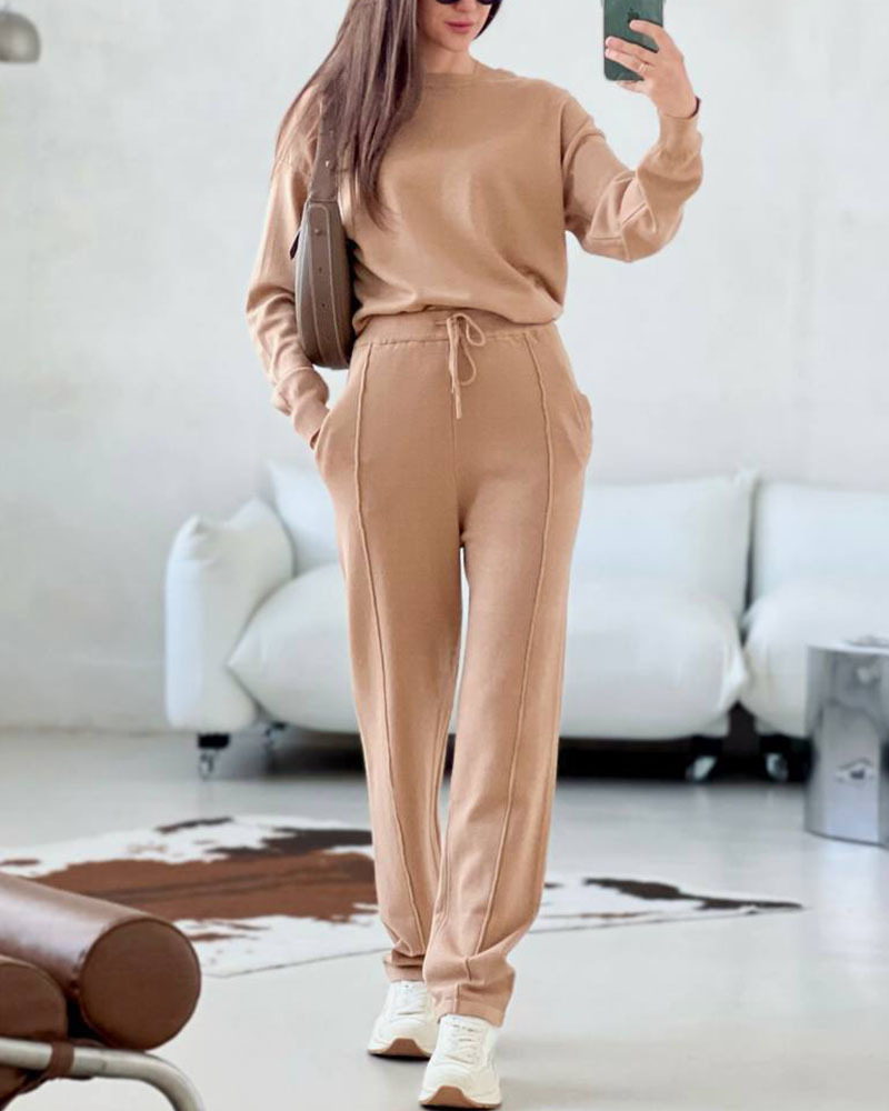 Casual round neck top and carrot pants knitted two-piece set - Image 18