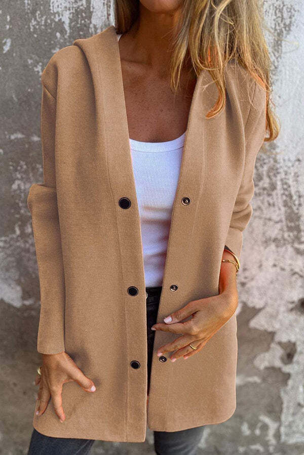Solid Color Casual Long Sleeve Single Breasted Hooded Jacket - Image 7