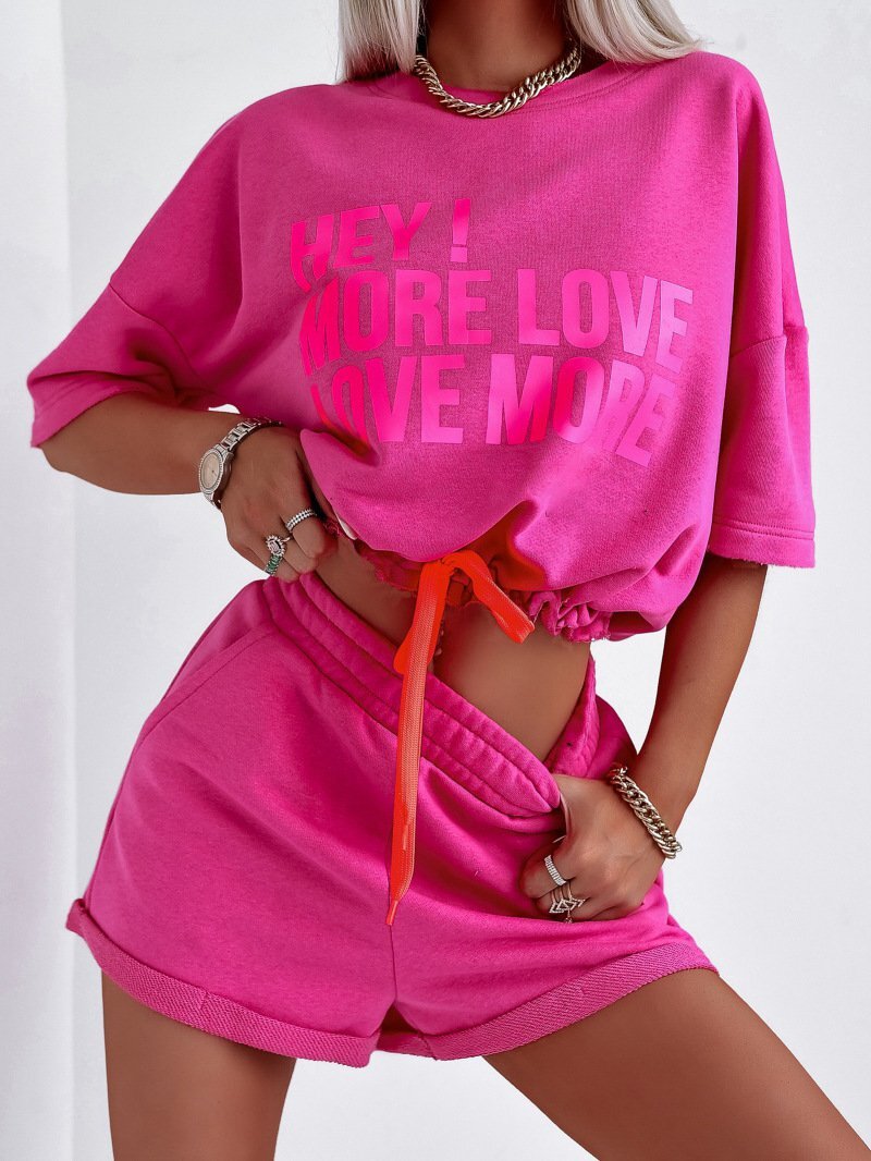 Women's Casual Letter Print Round Neck Short Sleeve Tee and Short Pants two-piece set - Image 3