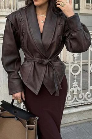 Street Warrior Faux Leather Distressed Style Lace-up Lapel Belt Oversized Jacket