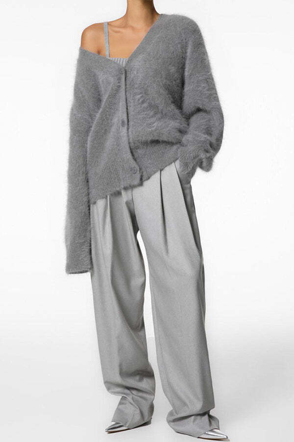 Solid Color Loose V-neck Long-sleeved Lazy Knitted Cardigan - Image 10