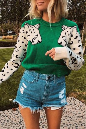 Always Spot Leopard Print Crew Neck Long Sleeve Sweater