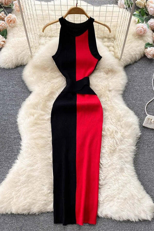 Serene Ribbed Knit Colorblock Back Tie-up Slit Stretch Midi Dress - Image 6