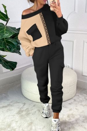 Color Block Pocket Design Trousers and long sleeve sweatshirt suit