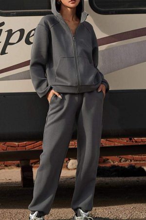 Women's solid color hooded long-sleeved ankle set sports two-piece set