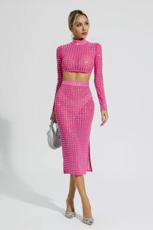 Isla Long Sleeve Two Pieces Set In Rose Red