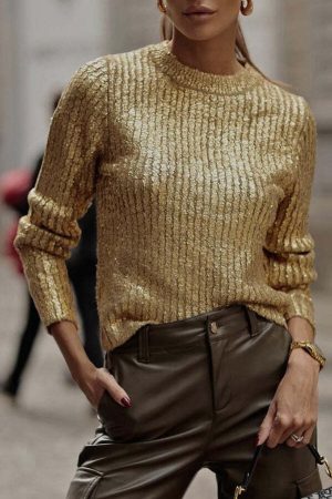 Festival Feels Golden Crew Neck Knitted Bronzing Long Sleeved Sweater