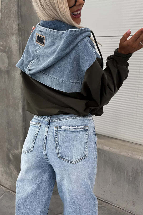 All The Time Denim Patchwork Soft Fabric Kangaroo Pocket Loose Hoodie - Image 14