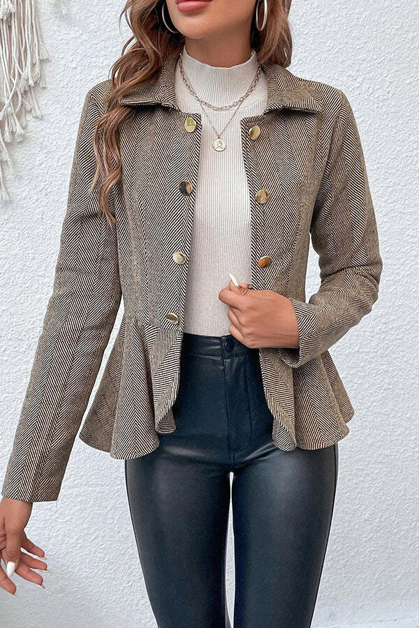 Devon Tweed Lapel Double-breasted Ruffle Hem Slim Blazer - Image 10