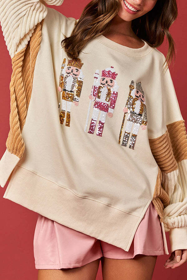 Christmas Nutcracker Sequined Patchwork Sleeve Color Block Sweatshirt - Image 3