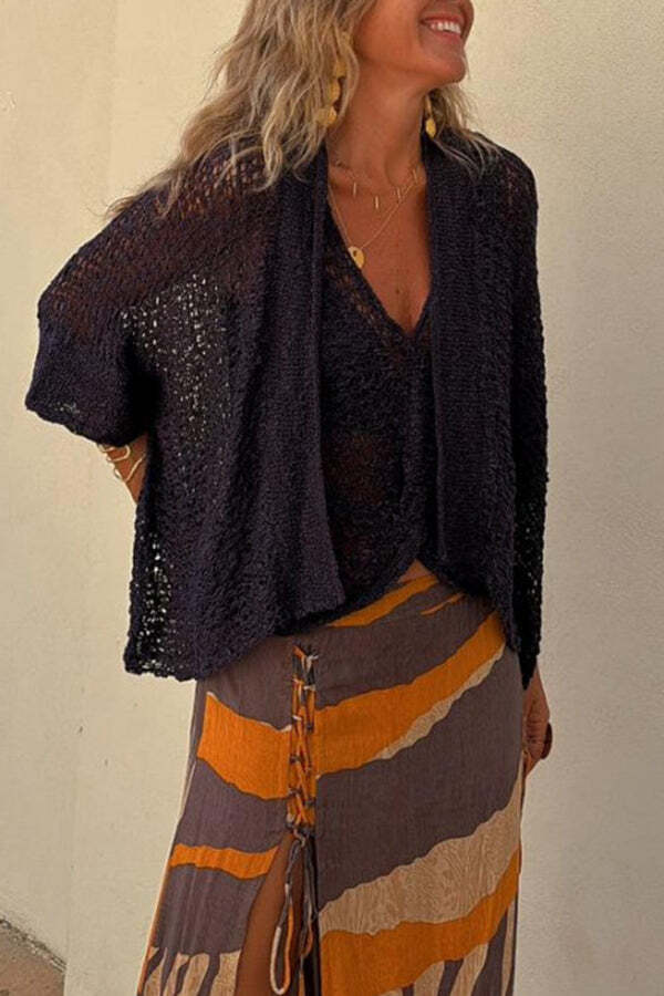 Fashionable Vacation Knit Hollow Bat Sleeve Loose Cardigan - Image 4