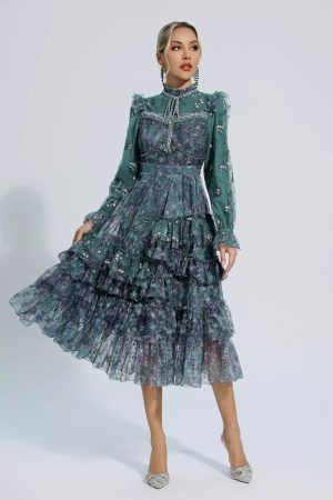 Sevyn Floral Mesh Long Sleeve Dress In Dark Green